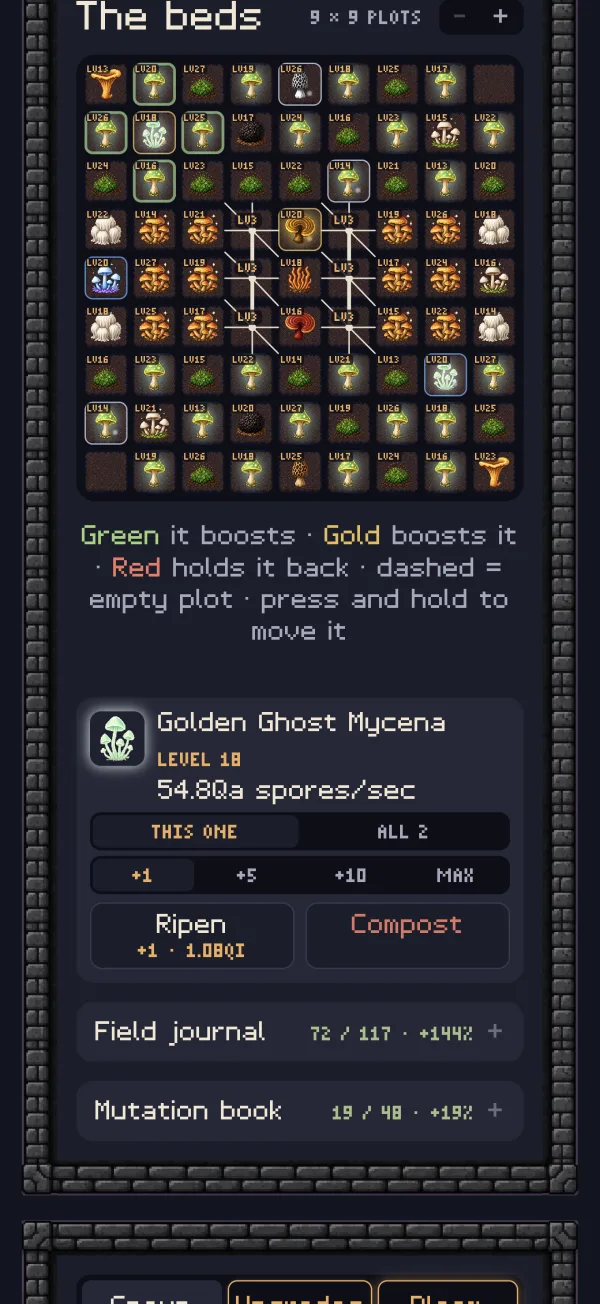 Spore Cellar on iPhone: a Golden Ghost Mycena in a glowing cellar